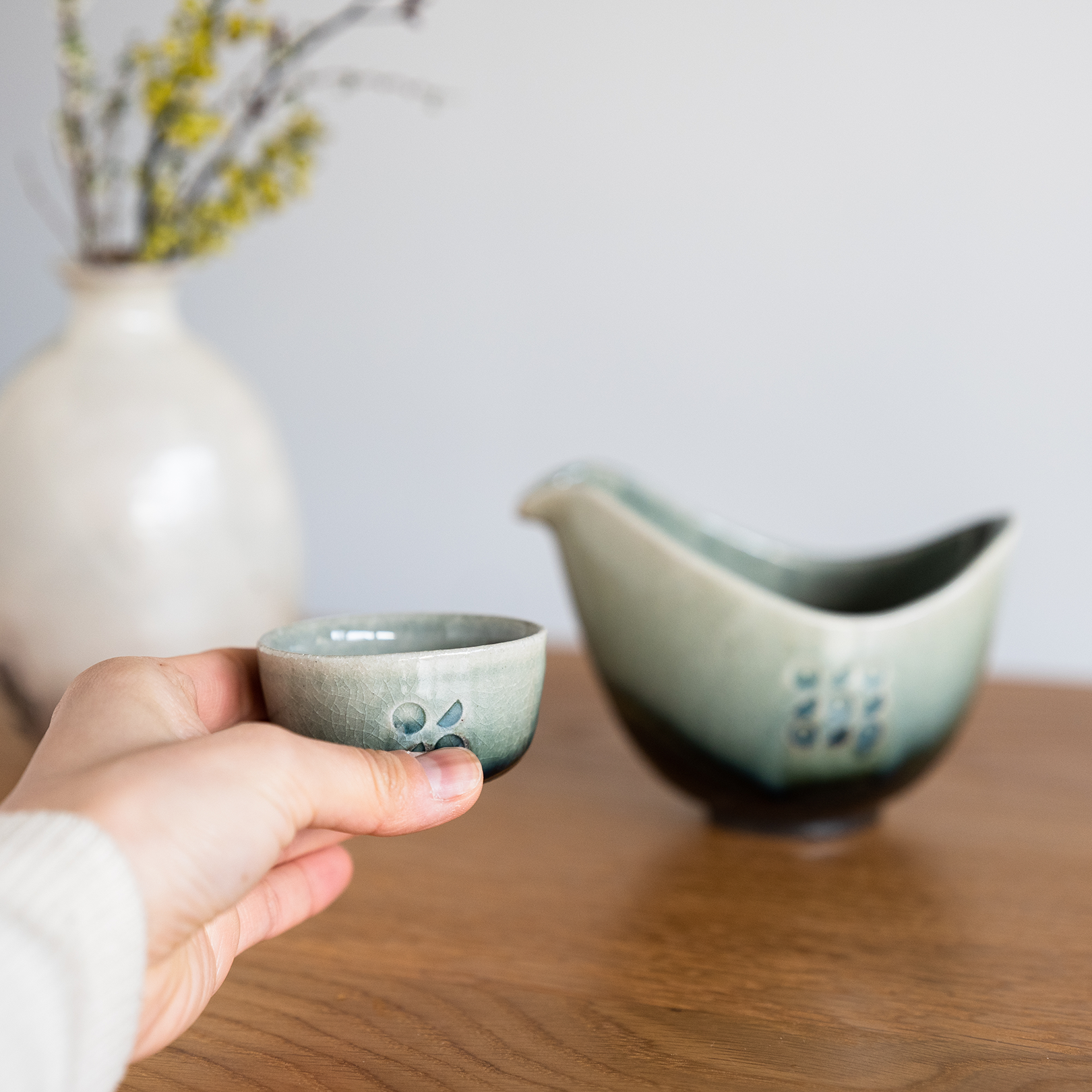 Handcrafted Shigaraki Sake Cup inCeladon, , – Hitotsuki, made in Japan