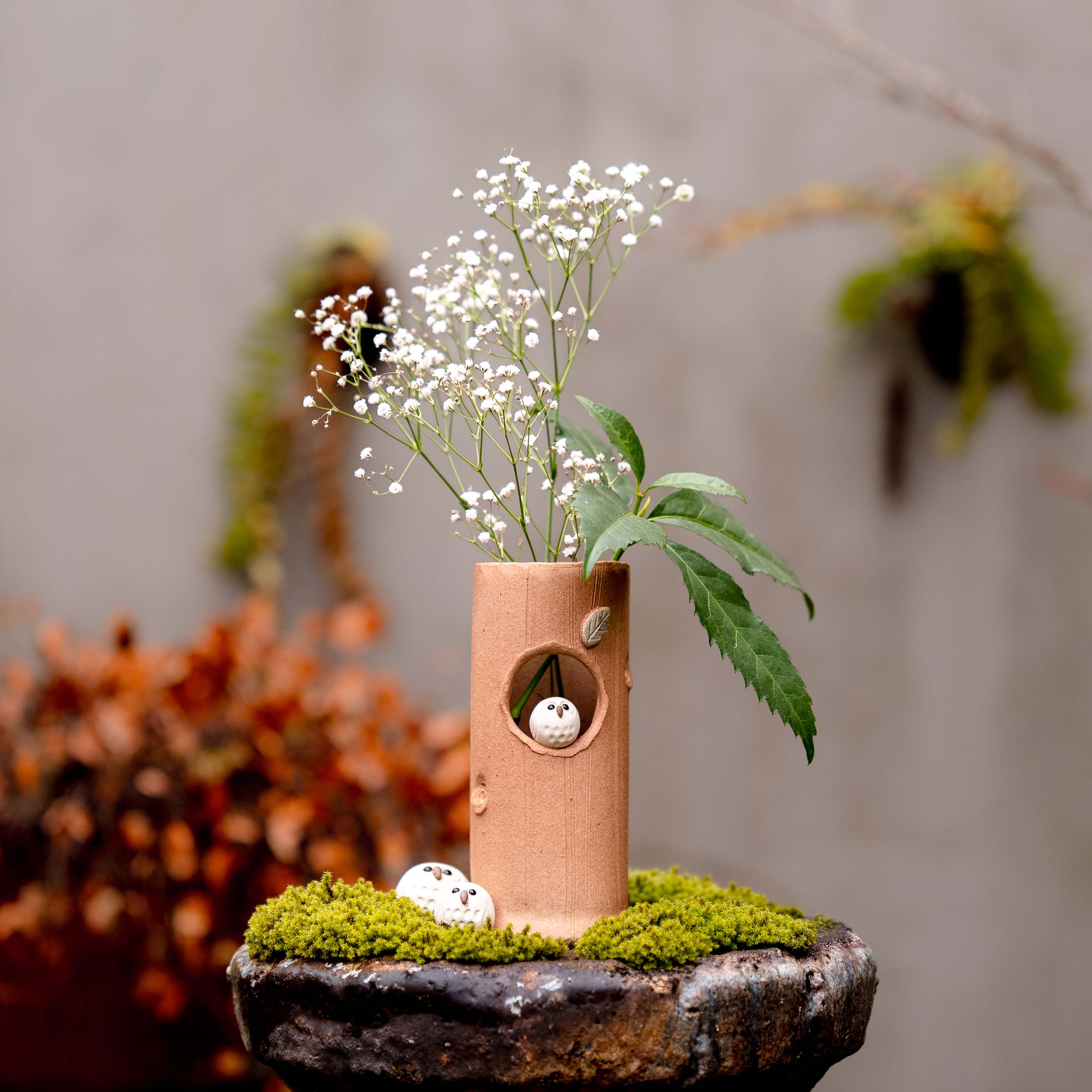 Handcrafted Shigaraki Flower Vase | Scarlet Round Owl Vase