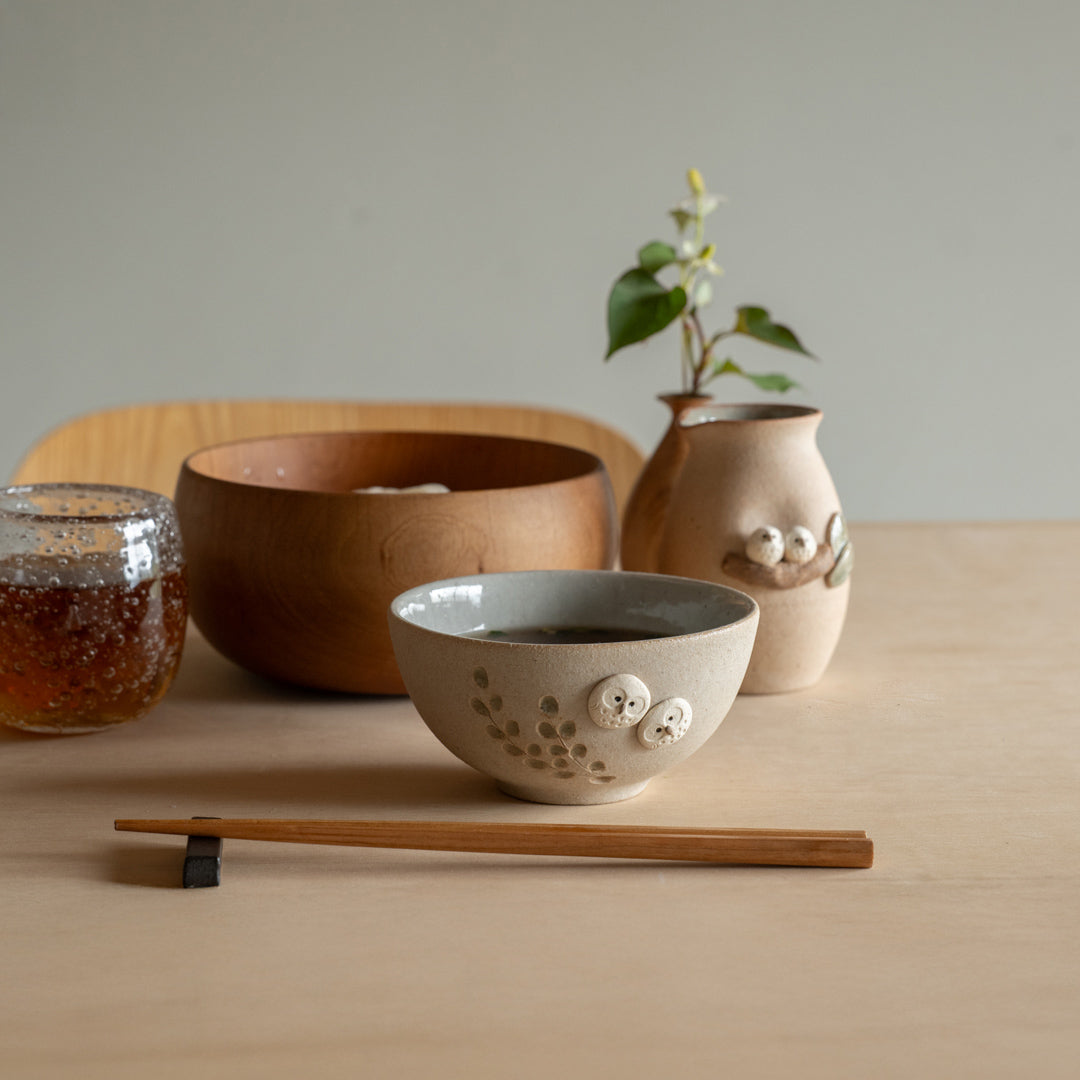 Handcrafted Shigaraki Owl Rice Bowl inWhite Owl, , – hoccori, made in Japan
