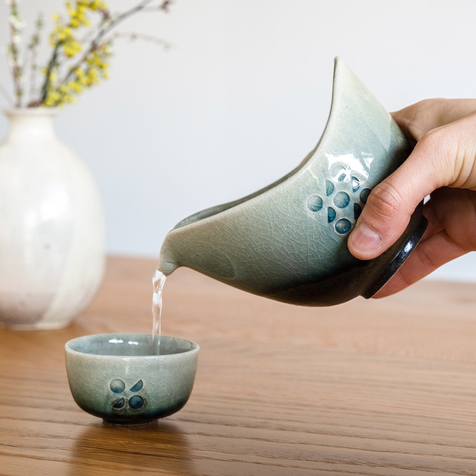 Handcrafted Shigaraki Sake Pitcher inCeladon, , – Hitotsuki, made in Japan