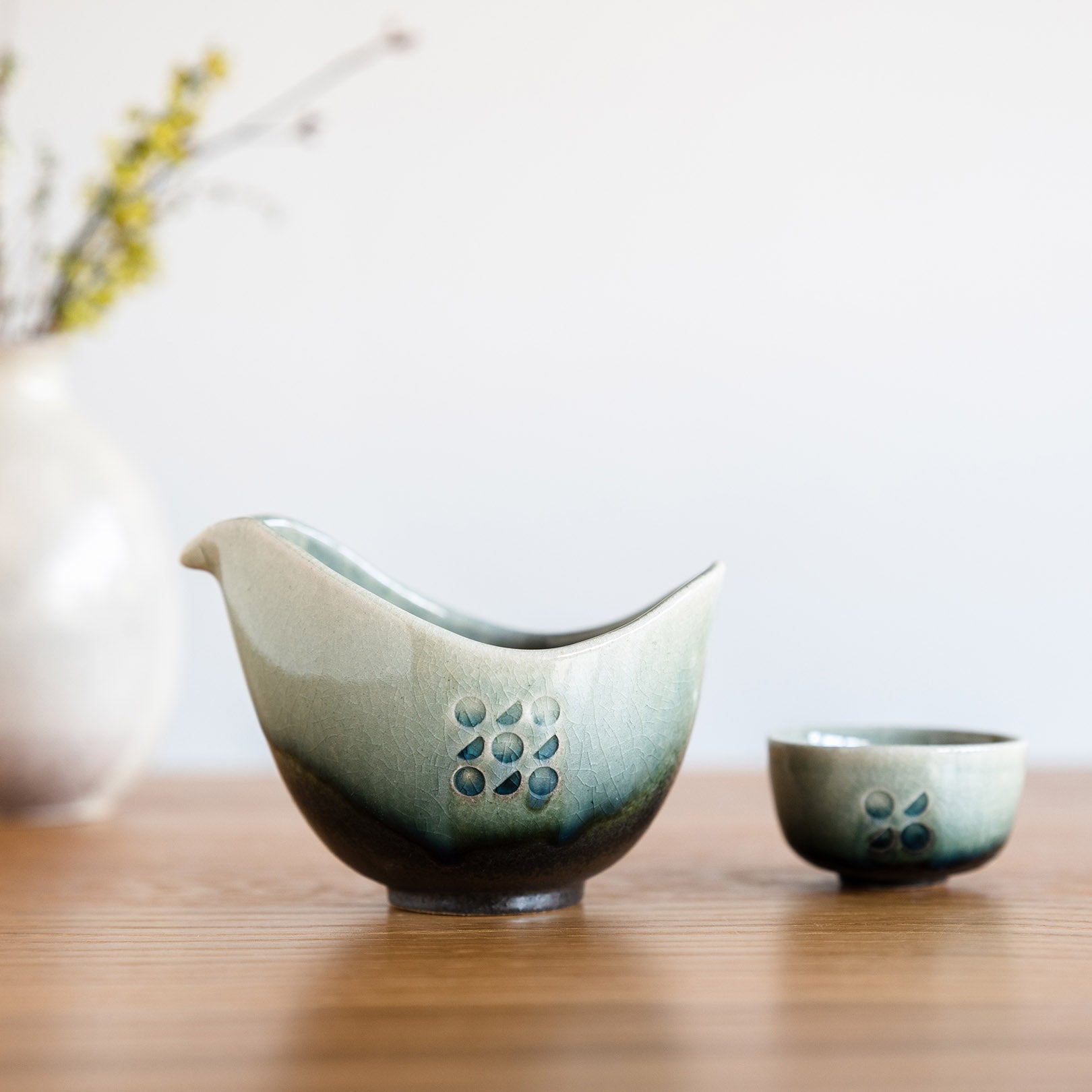 Handcrafted Shigaraki Sake Pitcher inCeladon, , – Hitotsuki, made in Japan